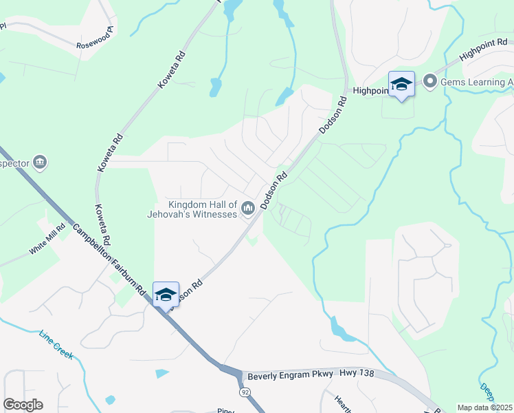 map of restaurants, bars, coffee shops, grocery stores, and more near 2113 Dodson Woods Drive in Fairburn
