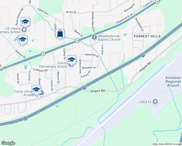 map of restaurants, bars, coffee shops, grocery stores, and more near 1509 Forney Street in Oxford