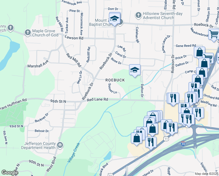 map of restaurants, bars, coffee shops, grocery stores, and more near 22 Sunset Lane in Birmingham