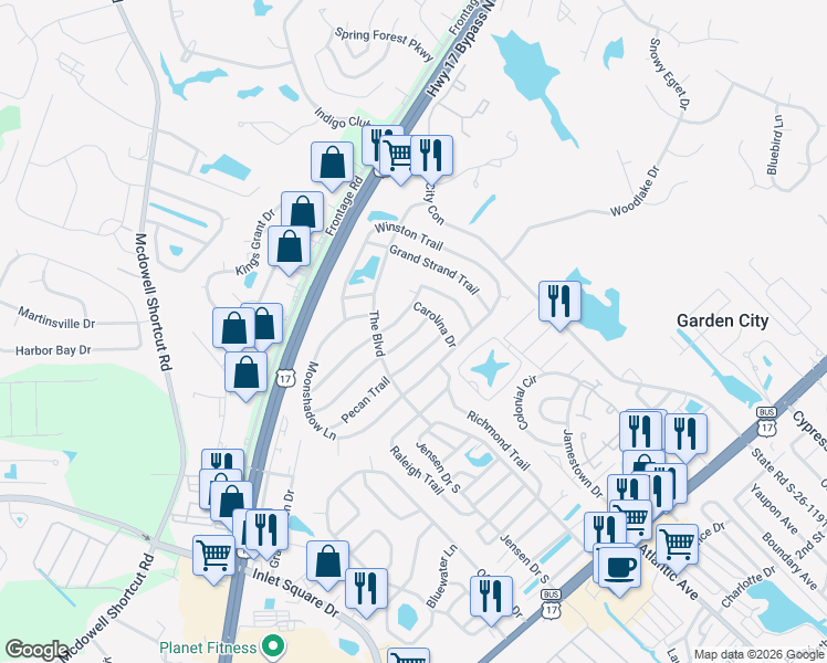 map of restaurants, bars, coffee shops, grocery stores, and more near 3223 Santee Drive in Murrells Inlet