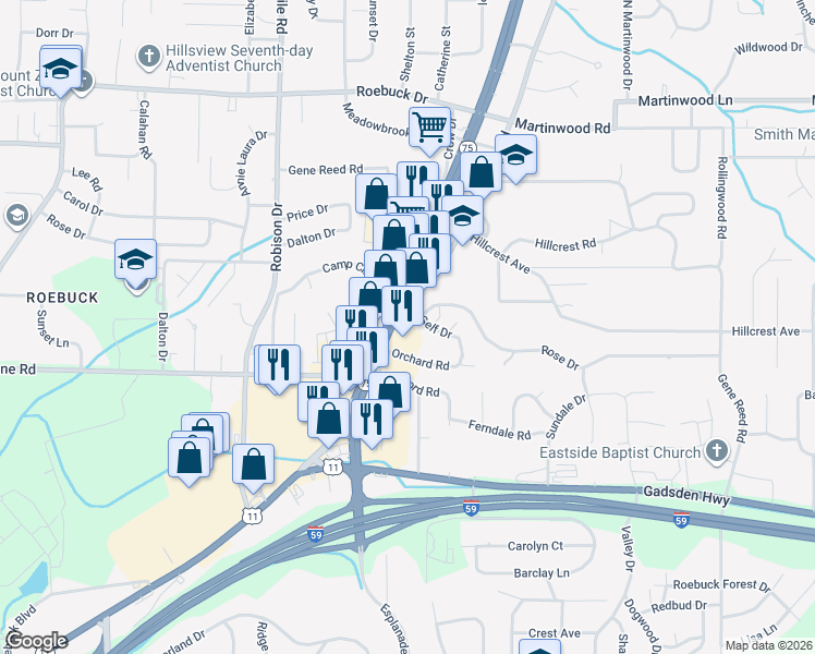 map of restaurants, bars, coffee shops, grocery stores, and more near 9433 Parkway East in Birmingham