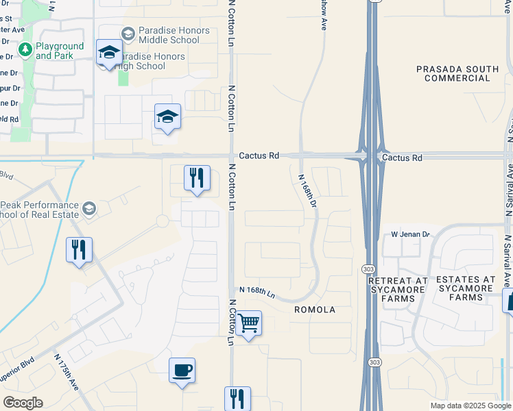 map of restaurants, bars, coffee shops, grocery stores, and more near 11803 North Cotton Lane in Surprise