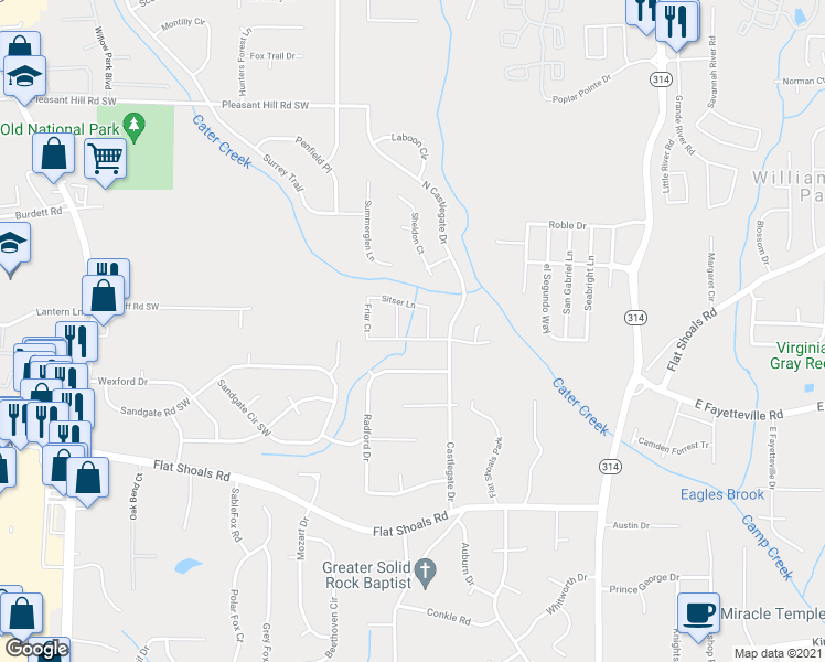 map of restaurants, bars, coffee shops, grocery stores, and more near 2035 Banks Way in Atlanta