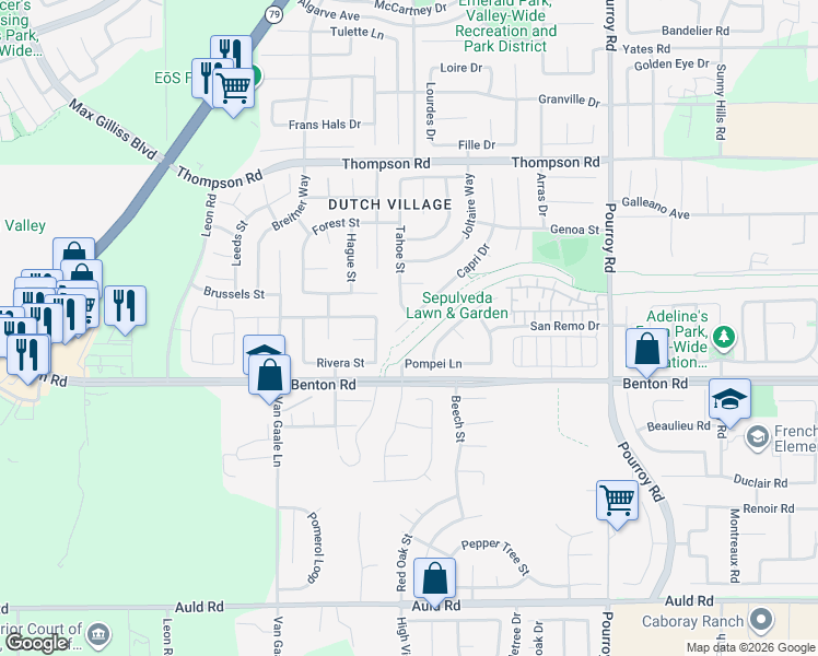 map of restaurants, bars, coffee shops, grocery stores, and more near 36516 Capri Drive in Winchester