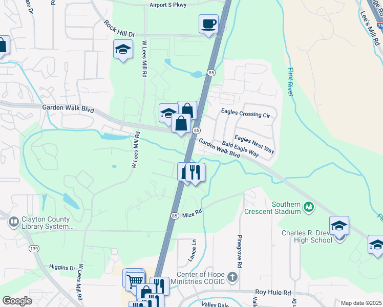 map of restaurants, bars, coffee shops, grocery stores, and more near 5942 Georgia 85 in Riverdale