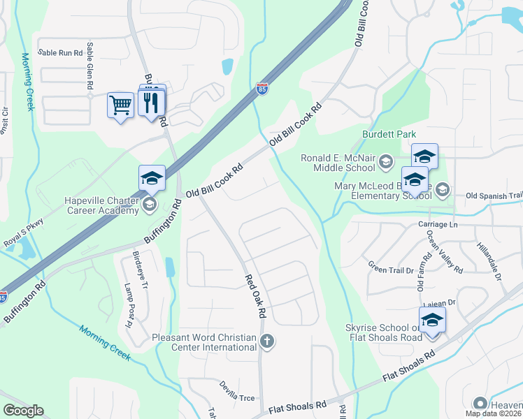 map of restaurants, bars, coffee shops, grocery stores, and more near 6076 Riveroak Terrace in College Park