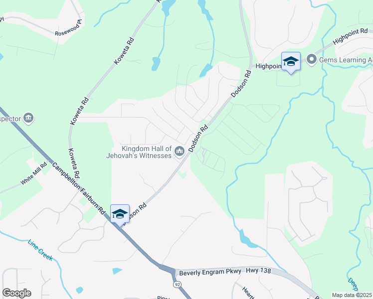 map of restaurants, bars, coffee shops, grocery stores, and more near 2113 Dodson Woods Drive in Fairburn