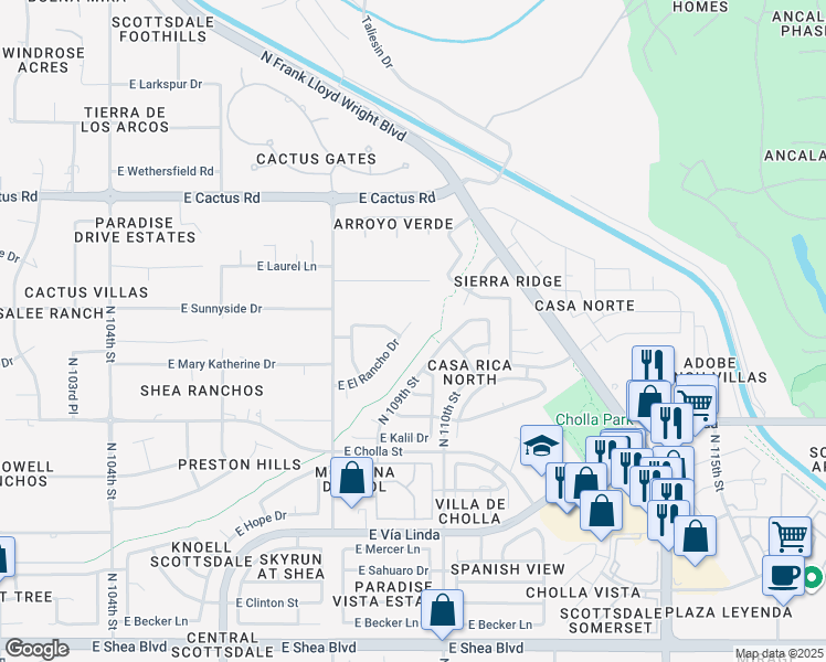map of restaurants, bars, coffee shops, grocery stores, and more near 10945 East El Rancho Drive in Scottsdale