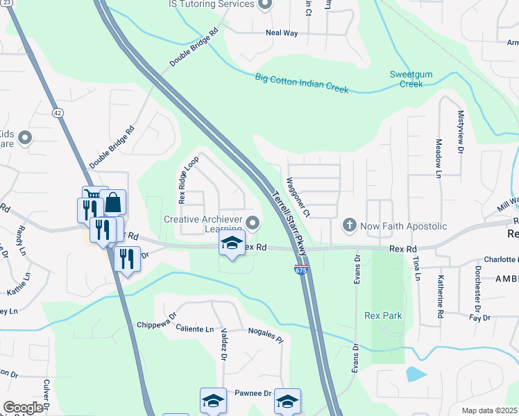 map of restaurants, bars, coffee shops, grocery stores, and more near 3225 Rex Ridge Drive in Rex