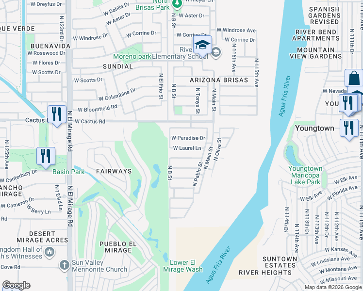 map of restaurants, bars, coffee shops, grocery stores, and more near 11806 West Laurel Lane in El Mirage