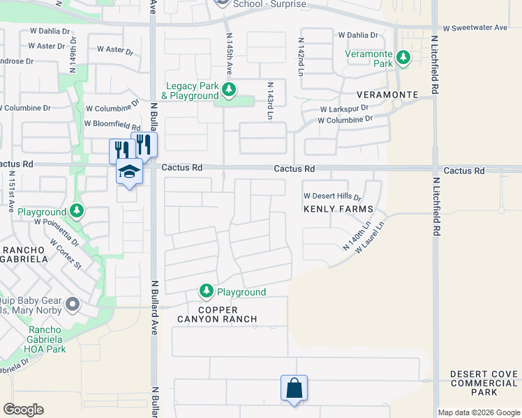 map of restaurants, bars, coffee shops, grocery stores, and more near 11953 North 144th Drive in Surprise