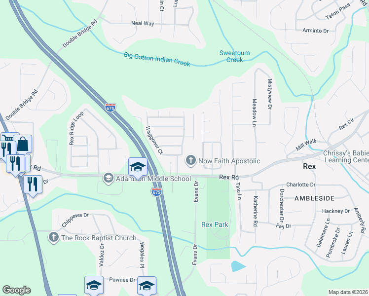map of restaurants, bars, coffee shops, grocery stores, and more near 5870 Waggoner Court in Rex