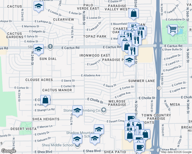 map of restaurants, bars, coffee shops, grocery stores, and more near 2839 East Altadena Avenue in Phoenix