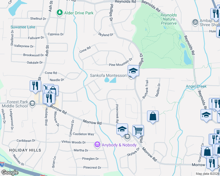 map of restaurants, bars, coffee shops, grocery stores, and more near 1072 Ponderosa Park Drive in Forest Park