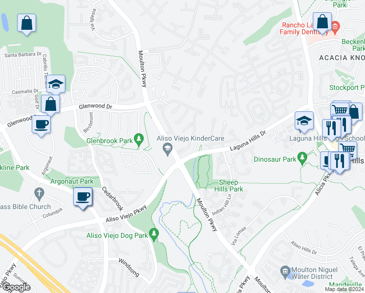 map of restaurants, bars, coffee shops, grocery stores, and more near 55 Laurel Creek Lane in Laguna Hills