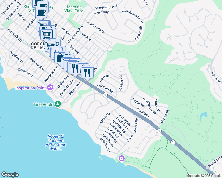 map of restaurants, bars, coffee shops, grocery stores, and more near 461 Seaward Road in Newport Beach
