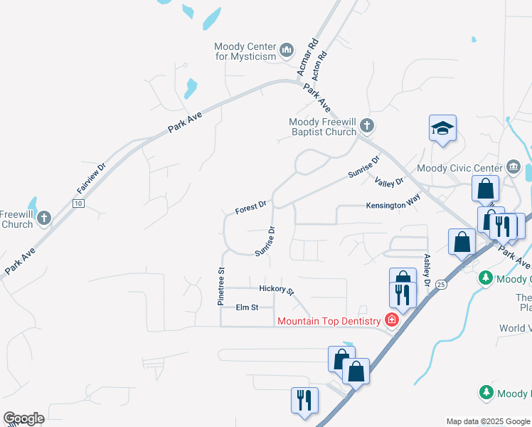 map of restaurants, bars, coffee shops, grocery stores, and more near 2611 Sunrise Drive in Moody