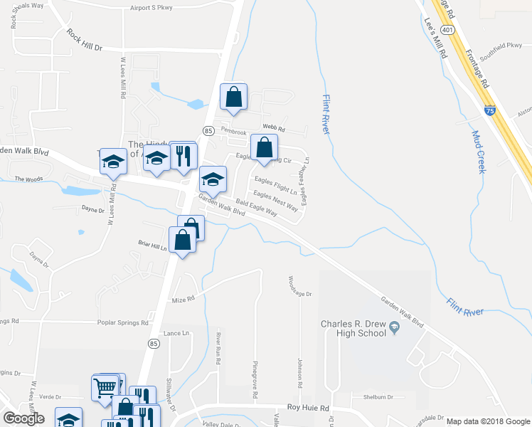 map of restaurants, bars, coffee shops, grocery stores, and more near 414 Bald Eagle Way in Riverdale