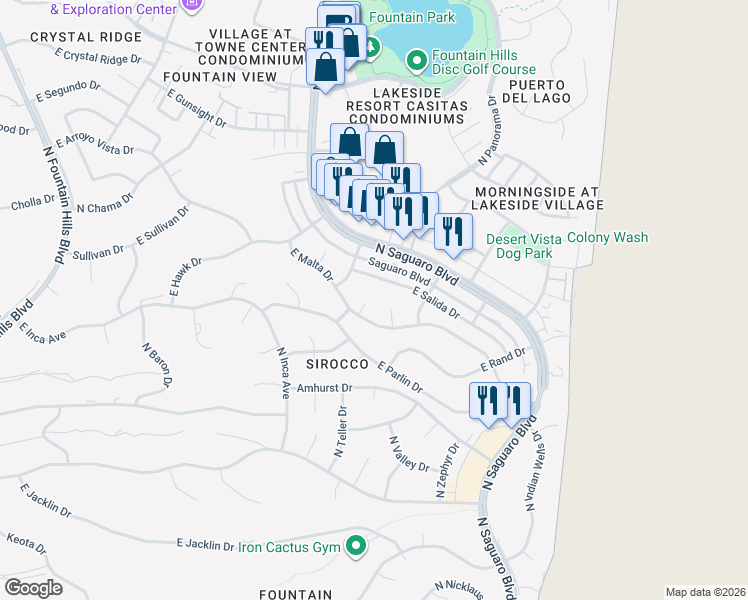 map of restaurants, bars, coffee shops, grocery stores, and more near 11617 North Dawnridge Court in Fountain Hills