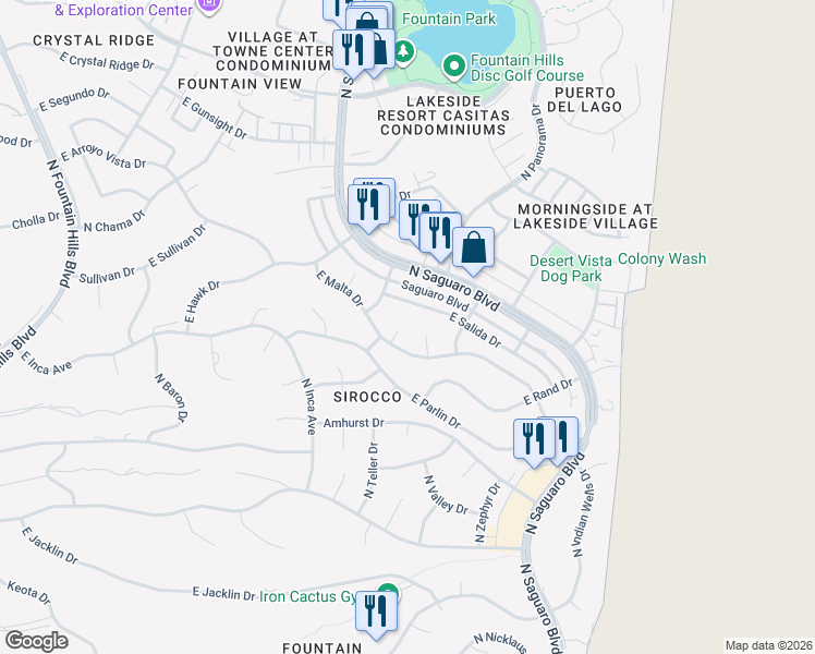 map of restaurants, bars, coffee shops, grocery stores, and more near 11617 North Dawnridge Court in Fountain Hills