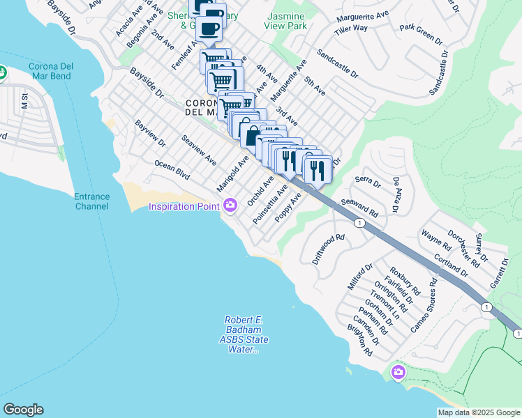 map of restaurants, bars, coffee shops, grocery stores, and more near 227 Poinsettia Avenue in Newport Beach
