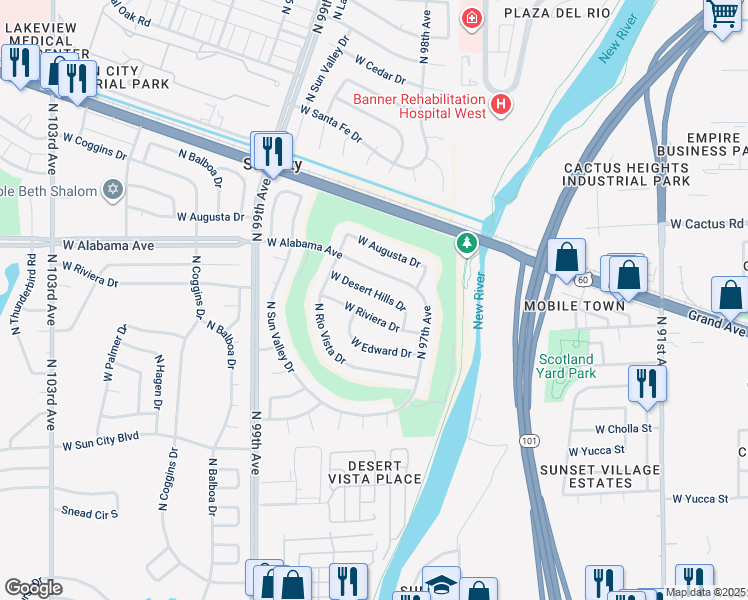 map of restaurants, bars, coffee shops, grocery stores, and more near 9727 West Desert Hills Drive in Sun City