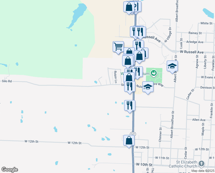 map of restaurants, bars, coffee shops, grocery stores, and more near 1505 Silo Road in Bonham
