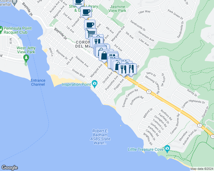 map of restaurants, bars, coffee shops, grocery stores, and more near 227 Poinsettia Avenue in Newport Beach