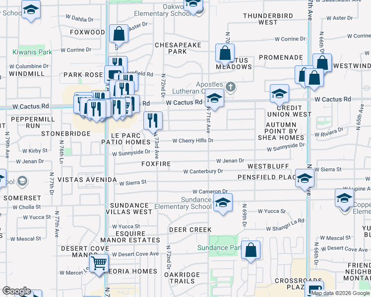 map of restaurants, bars, coffee shops, grocery stores, and more near 7144 West Sunnyside Drive in Peoria