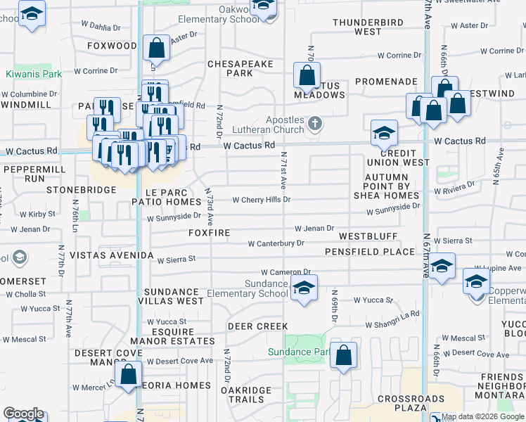 map of restaurants, bars, coffee shops, grocery stores, and more near 7144 West Sunnyside Drive in Peoria
