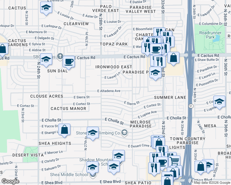 map of restaurants, bars, coffee shops, grocery stores, and more near 2839 East Altadena Avenue in Phoenix