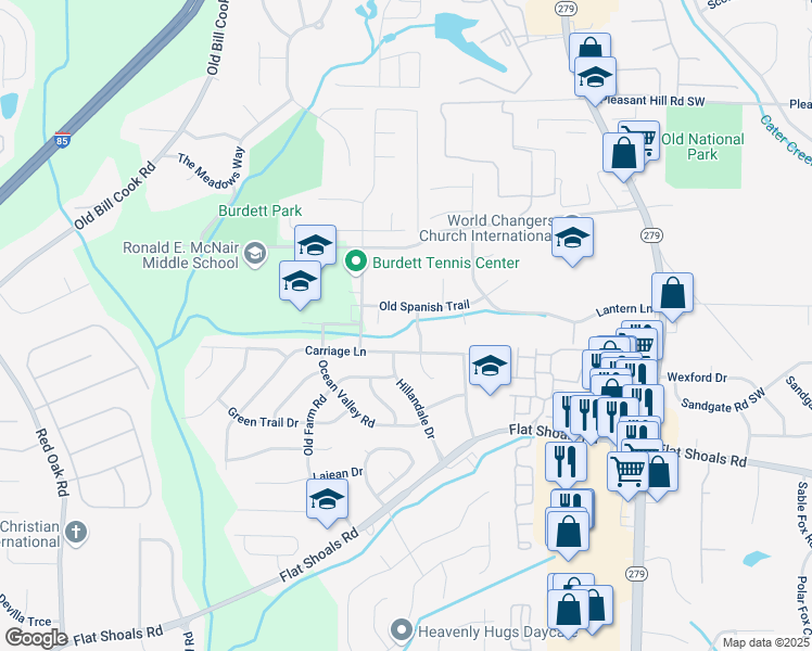 map of restaurants, bars, coffee shops, grocery stores, and more near 5345 Carriage Court in Atlanta