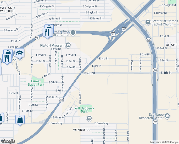 map of restaurants, bars, coffee shops, grocery stores, and more near 3040-3098 East 4th Street in Lubbock