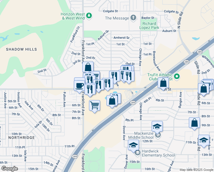map of restaurants, bars, coffee shops, grocery stores, and more near 5702 4th Street in Lubbock
