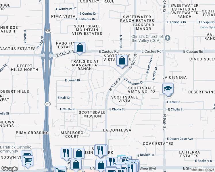 map of restaurants, bars, coffee shops, grocery stores, and more near 11684 North 93rd Place in Scottsdale