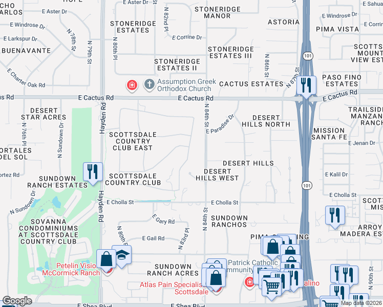 map of restaurants, bars, coffee shops, grocery stores, and more near 11774 North 83rd Place in Scottsdale