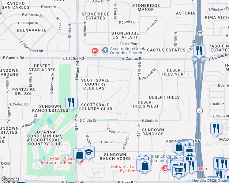 map of restaurants, bars, coffee shops, grocery stores, and more near 8223 East Cortez Drive in Scottsdale