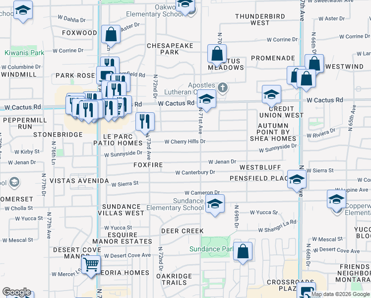 map of restaurants, bars, coffee shops, grocery stores, and more near 7144 West Sunnyside Drive in Peoria