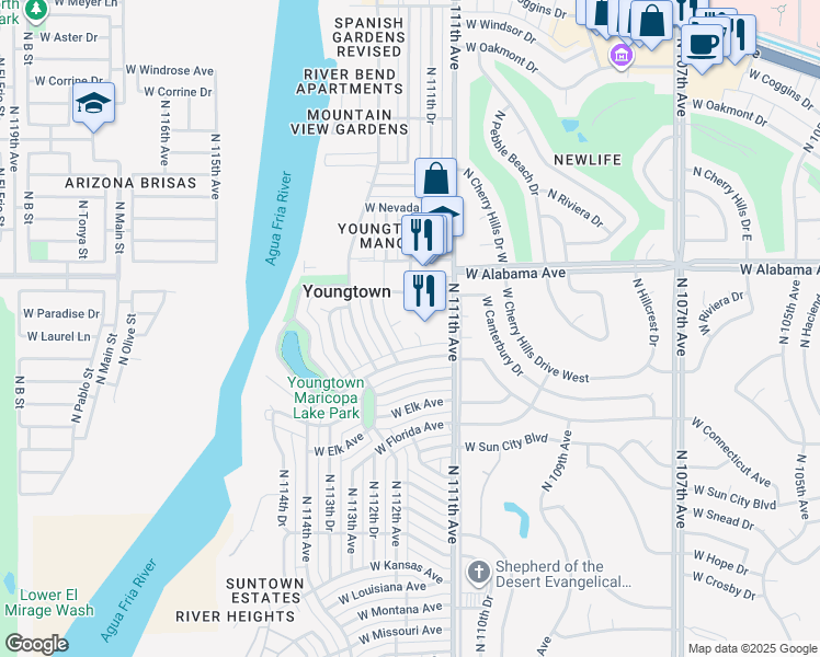 map of restaurants, bars, coffee shops, grocery stores, and more near 11141 West Arizona Avenue in Youngtown