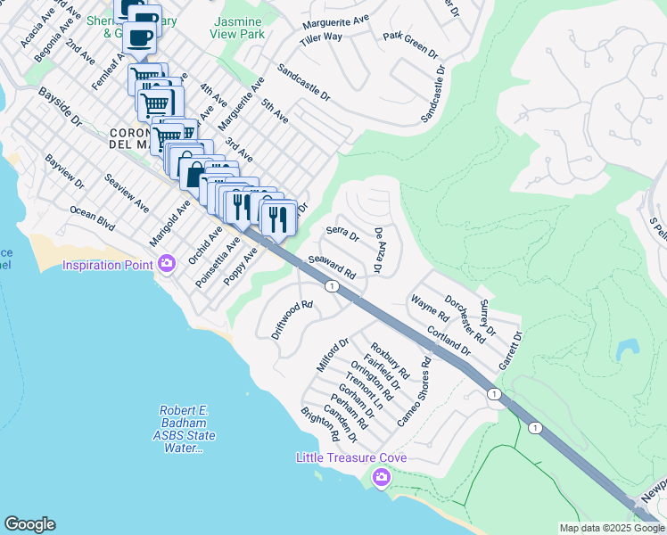 map of restaurants, bars, coffee shops, grocery stores, and more near 4148 Shorecrest Lane in Newport Beach