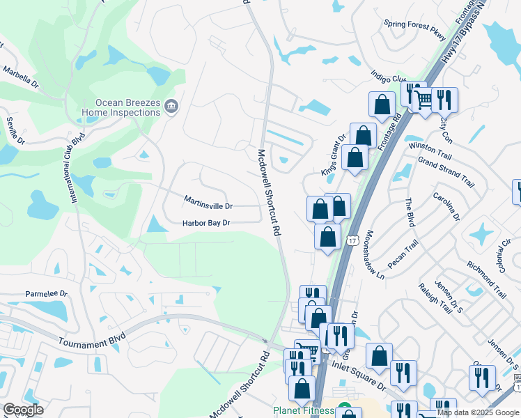 map of restaurants, bars, coffee shops, grocery stores, and more near 590 Martinsville Drive in Murrells Inlet