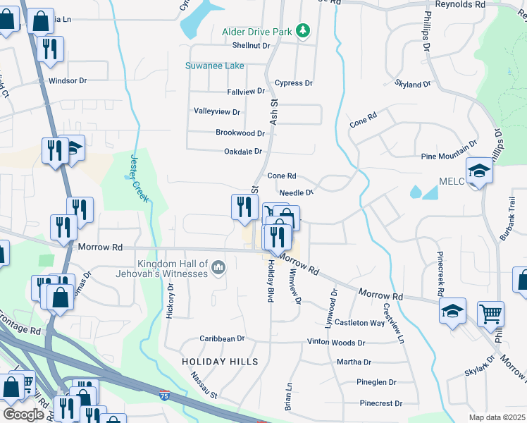map of restaurants, bars, coffee shops, grocery stores, and more near 766 Longleaf Drive in Forest Park
