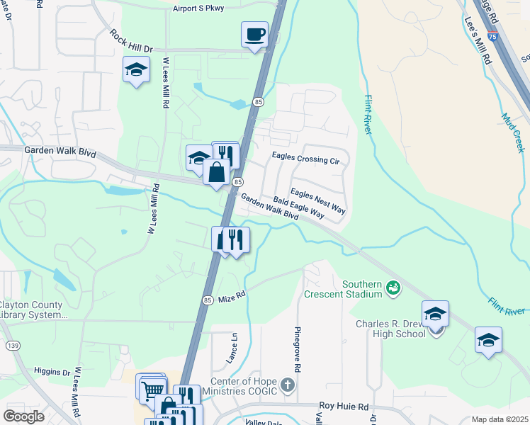 map of restaurants, bars, coffee shops, grocery stores, and more near 569 Eagles Crossing Circle in Riverdale