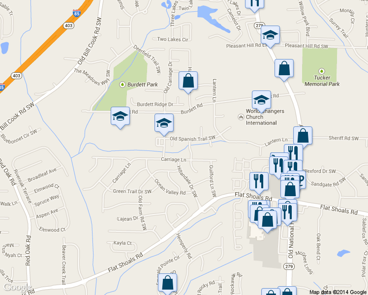 map of restaurants, bars, coffee shops, grocery stores, and more near 5345 Carriage Court in Atlanta