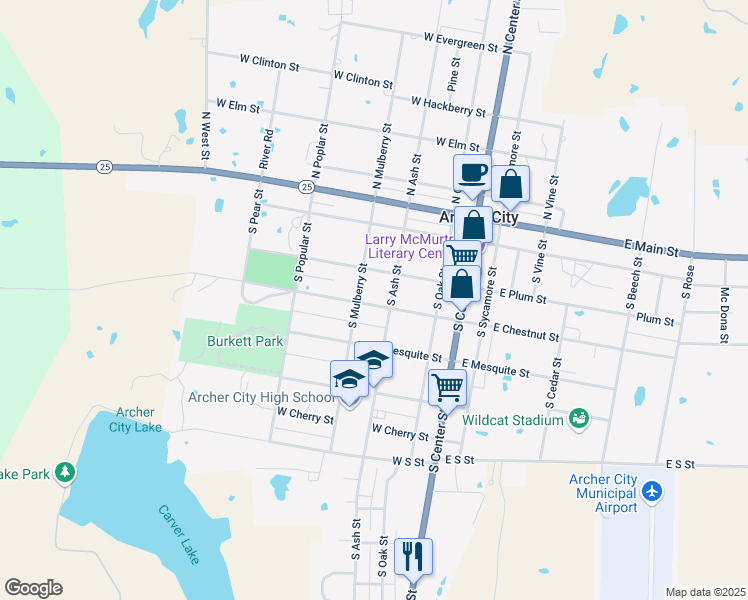 map of restaurants, bars, coffee shops, grocery stores, and more near 314 West Chestnut Street in Archer City