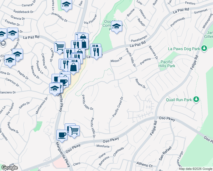 map of restaurants, bars, coffee shops, grocery stores, and more near 25466 Pacific Hills Drive in Mission Viejo
