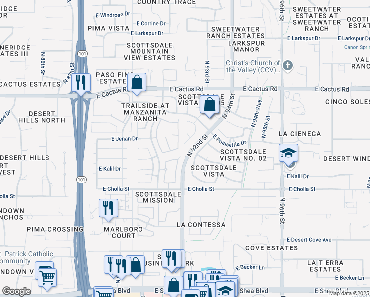 map of restaurants, bars, coffee shops, grocery stores, and more near 11684 North 93rd Place in Scottsdale