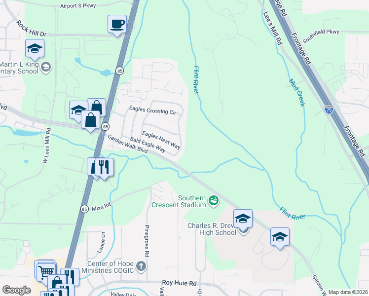 map of restaurants, bars, coffee shops, grocery stores, and more near 5597 Eagles Feather Lane in Riverdale