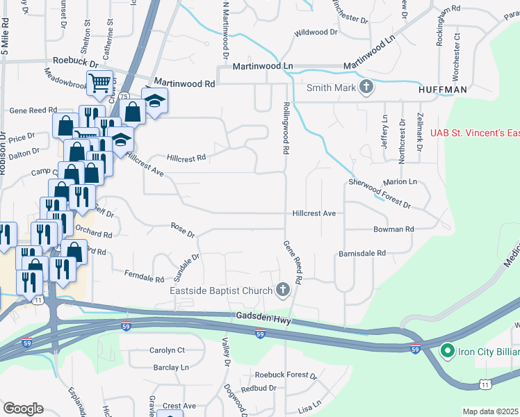 map of restaurants, bars, coffee shops, grocery stores, and more near 952 Hillcrest Avenue in Birmingham