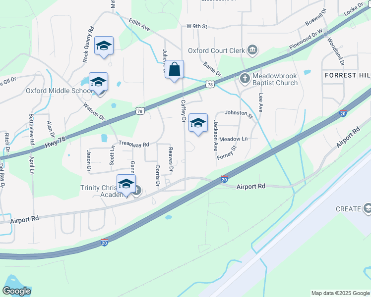 map of restaurants, bars, coffee shops, grocery stores, and more near 1401 Caffey Drive in Oxford